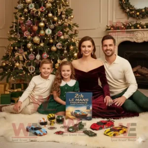 Le Mans Endurance Advent Calendar 2025 with miniature race cars and helmets displayed beside a decorated Christmas tree.