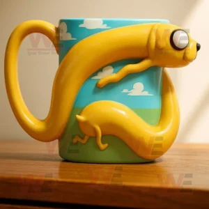 A blue mug with a yellow cartoon character forming the handle and wrapping around the cup with cloud patterns!