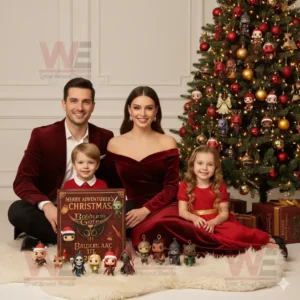 A family sitting beside a Christmas tree holding the Baldurs Gate III Advent Calendar 2025 box.