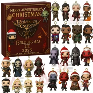 Full set of miniature Baldurs Gate III characters displayed next to the 2025 Advent Calendar box.