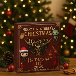 Close up of the Baldurs Gate III Advent Calendar 2025 box in front of Christmas lights.