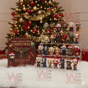 Miniature Baldurs Gate III figures displayed on a stand next to a Christmas tree decorated with lights and ornaments.