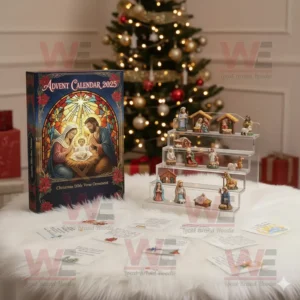 2025 Bible Verse Advent Calendar with nativity figurines beside a Christmas tree!