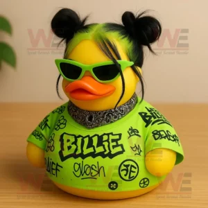 A rubber duck dressed in neon green streetwear with sunglasses and two buns hairstyle.