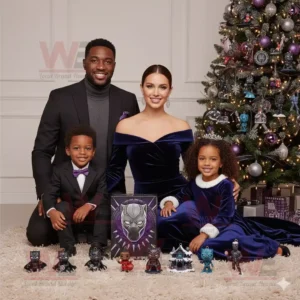Family posing with Black Panther 2025 Advent Calendar and Christmas tree!