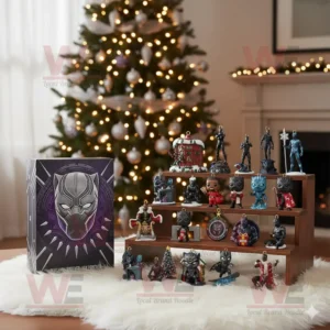 Black Panther 2025 Advent Calendar with superhero ornaments beside Christmas tree!