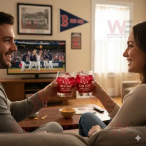 Boston Red Sox 124th Anniversary 1901-2025 Glass 4 Couple celebrating Boston Red Sox 124th Anniversary with drinks while watching the game.
