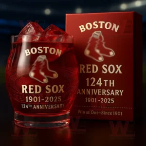 Boston Red Sox 124th Anniversary 1901-2025 Glass 5 Boston Red Sox 124th Anniversary glass with ice and a matching red box in a stadium-like setting.