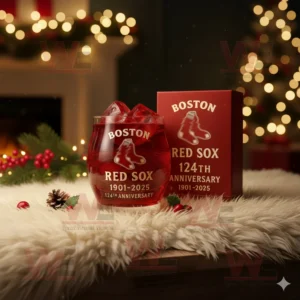 Boston Red Sox 124th Anniversary glass with ice and a matching red box.