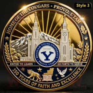 BYU Cougars Football 103rd Anniversary Coin 6 A gold and blue commemorative coin of Brigham Young University featuring temple towers and mountain background celebrating 150 years of faith and excellence!