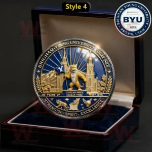 BYU Cougars Football 103rd Anniversary Coin 7 A gold and blue BYU commemorative coin featuring the cougar mascot holding a flag in front of temple towers celebrating 150 years of Cougar pride!