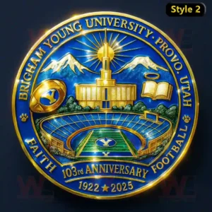 BYU Cougars Football 103rd Anniversary Coin 5 BYU Cougars Football 103rd Anniversary commemorative coin with a football stadium and faith symbols.