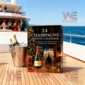 Champagne Advent Calendar 2025 on a yacht deck with champagne bottles and people celebrating in the background.