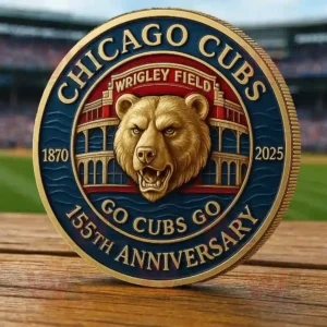 A commemorative coin with a bear and Wrigley Field design celebrating the Chicago Cubs 155th anniversary from 1870 to 2025!