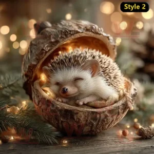A hedgehog sleeping inside an acorn shell surrounded by warm Christmas lights!