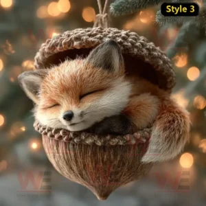 A small fox sleeping inside an acorn ornament with glowing Christmas lights in the background!