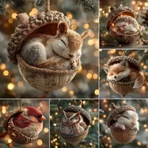 An owl sleeping inside an acorn ornament with soft glowing Christmas lights in the background!