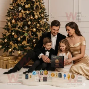 Family with Crypto Advent Calendar 2025 beside gold decorated Christmas tree!