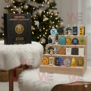 Crypto Advent Calendar 2025 with cryptocurrency ornaments near Christmas tree!