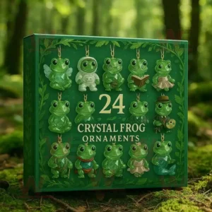 Box of 24 Crystal Frog Ornaments surrounded by a forest background!