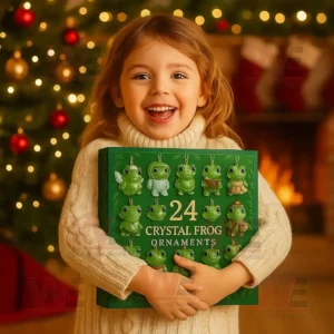 Smiling child holding 2025 Crystal Frog Ornaments box near Christmas tree!