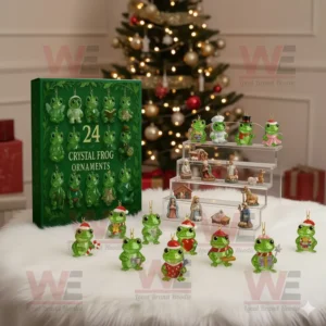 Crystal Frog Ornaments 2025 displayed near Christmas tree with holiday decorations!