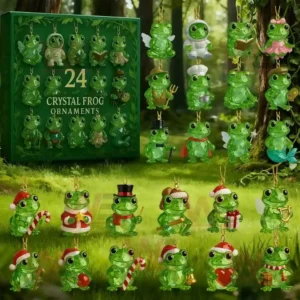 Set of 24 Crystal Frog Ornaments displayed in a forest scene!