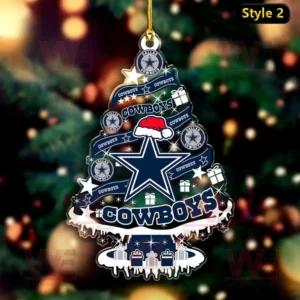 Dallas Cowboys themed Christmas tree ornament with team logos and a star wearing a Santa hat.