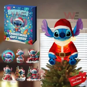 Disney Stitch Christmas Tree Topper With Ornament 14 Stitch Christmas 2025 gift box with tree topper and multiple festive ornaments.