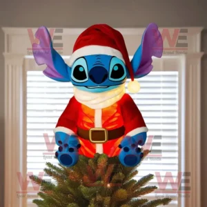 Disney Stitch Christmas Tree Topper With Ornament 15 Stitch tree topper in Santa outfit sitting on Christmas tree.