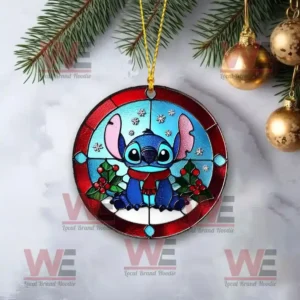 Disney Stitch Christmas Tree Topper With Ornament 16 Round stained glass Christmas ornament featuring Stitch with red scarf and holly.