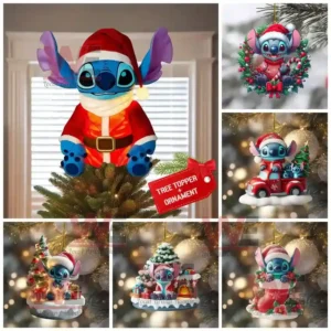 Christmas tree topper and ornaments featuring Stitch in Santa costume and festive poses.