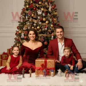 Family sitting by Christmas tree with Elvis Presley collectible figures and gifts.