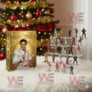 Elvis Presley Advent Calendar 2025 with collectible mini figures and Christmas tree background.
