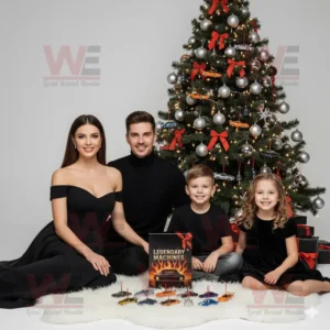Family with Legendary Machines Advent Calendar and car decorated Christmas tree!