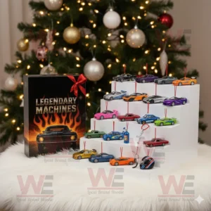 Legendary Machines 2025 Advent Calendar with miniature cars displayed near Christmas tree!