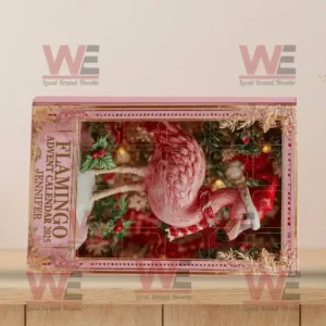 Horizontal Flamingo Advent Calendar 2025 box with Christmas decorations.