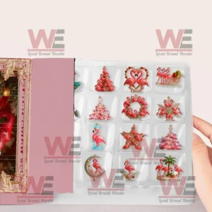 Open Flamingo Advent Calendar 2025 showing small pink flamingo ornaments.