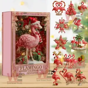 Flamingo Advent Calendar 2025 with pink flamingo figurines in Christmas themes.