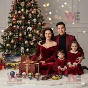 Family posing by a Christmas tree with GT World Challenge Advent Calendar 2026 and race car toys.