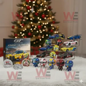 GT World Challenge Advent Calendar 2025 with race car models and helmets in front of a Christmas tree.