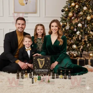 Family with Guinness Advent Calendar 2025 beside Christmas tree!