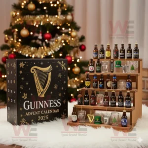 Guinness Advent Calendar 2025 with mini bottles and glasses beside Christmas tree!