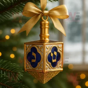 A golden Dreidel ornament with blue panels and Hebrew letters hanging on a Christmas tree.