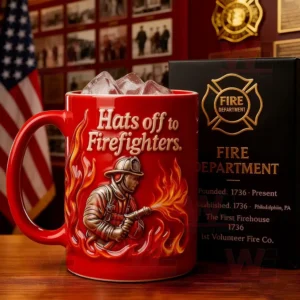 Red firefighter themed mug with flames and the words Hats off to Firefighters in a tribute setting.