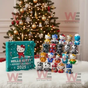 Hello Kitty Advent Calendar 2025 with mini Hello Kitty figures displayed in front of a Christmas tree.