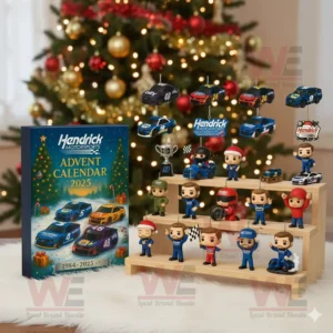 Hendrick Motorsports Advent Calendar 2025 with race car and character miniatures displayed near Christmas tree!
