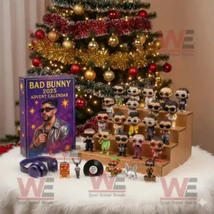Bad Bunny 2025 Advent Calendar with collectible figures displayed in front of a Christmas tree.