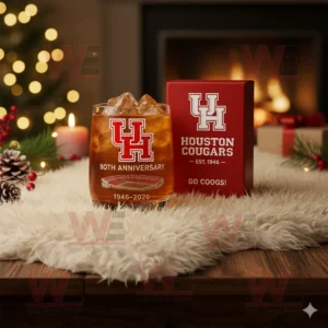 Houston Cougars 80th Anniversary Whiskey Glass 4 A Houston Cougars 80th Anniversary glass with ice placed beside a red box near a decorated fireplace!