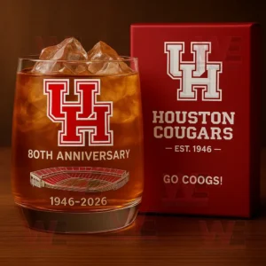 Houston Cougars 80th Anniversary Whiskey Glass 5 A close up of a Houston Cougars 80th Anniversary whiskey glass beside a red box with team logo!```